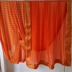 Orange Printed Silk Sari Fabric